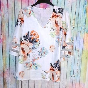 White and Pink Floral Pullover 3/4 Sleeve Blouse L Sheer Sleeve Panels